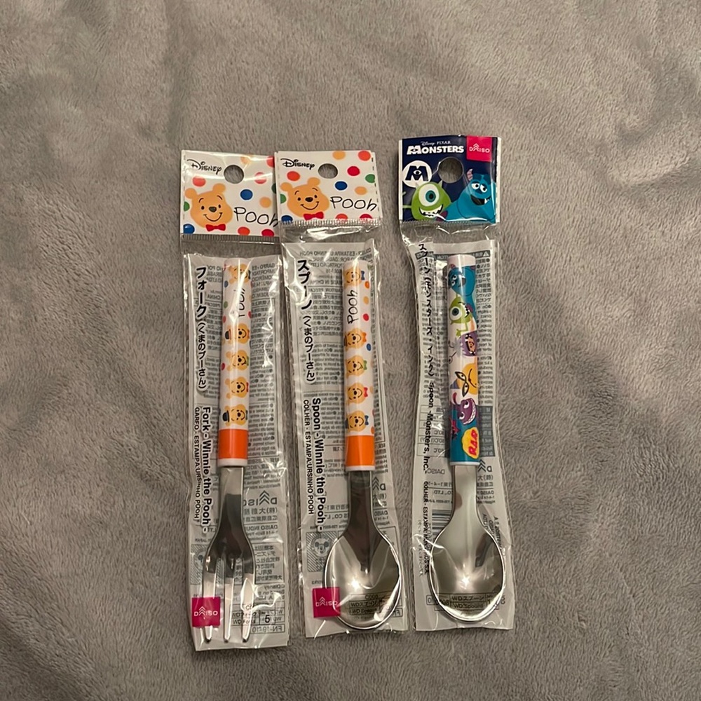 Daiso Disney’s Winnie the Pooh fork and spoon set and Monsters inc spoon
